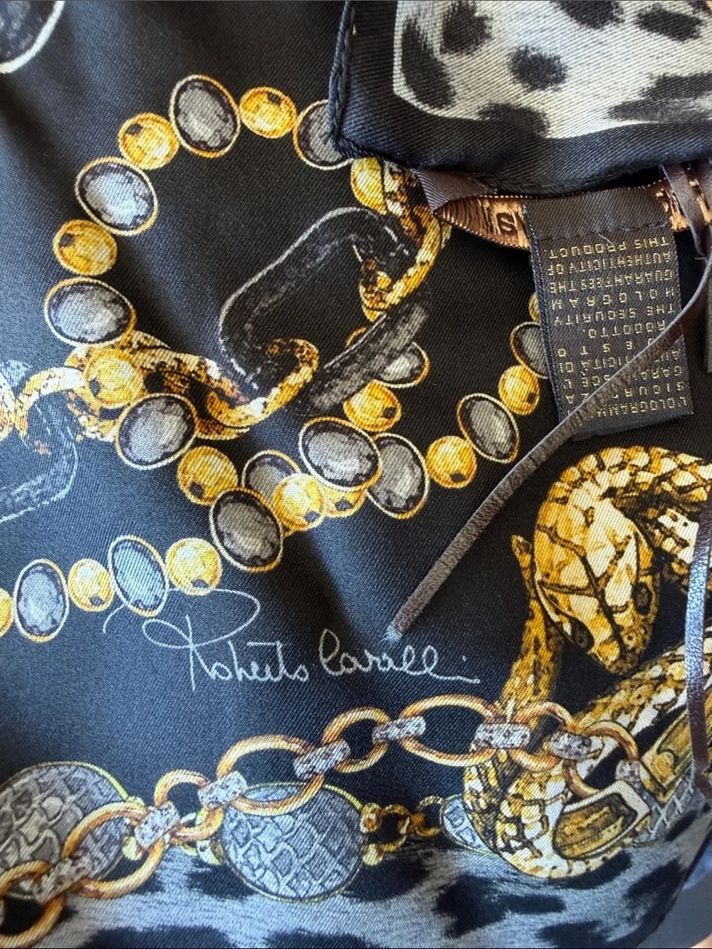 Roberto Cavalli Black and Gold Chain & Snake Motif Silk Scarf